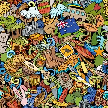 Cartoon doodles Australia seamless pattern. Stock Illustration