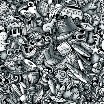 Cartoon doodles Australia seamless pattern. Stock Illustration