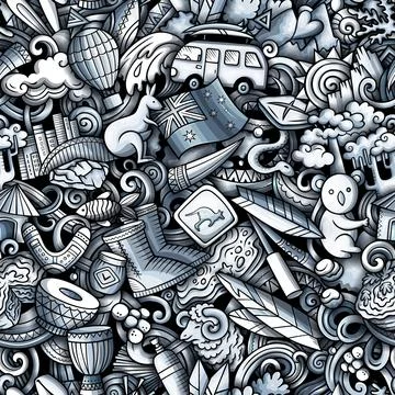 Cartoon doodles Australia seamless pattern. Stock Illustration