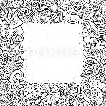 Cartoon doodles Autumn frame design. Sketchy fall funny border Stock Illustration