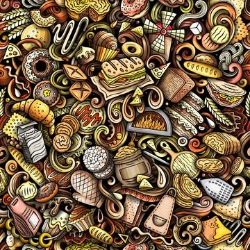 Cartoon doodles Bakery seamless pattern Stock Illustration