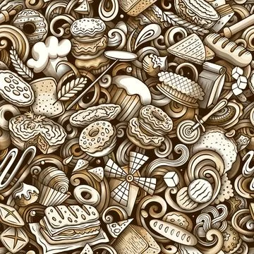 Cartoon doodles Bakery seamless pattern Illustrazione stock