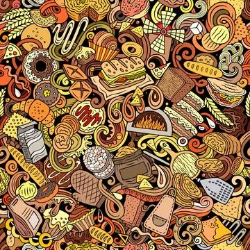 Cartoon doodles Bakery seamless pattern Illustrazione stock