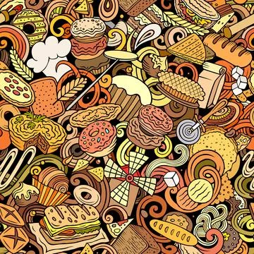 Cartoon doodles Bakery seamless pattern Stock Illustration
