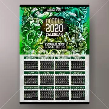Cartoon doodles Christmas 2020 year calendar template. English, Sunday start Stock Illustration