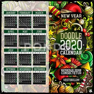 Cartoon doodles Christmas 2020 year calendar template. English, Sunday start Stock Illustration