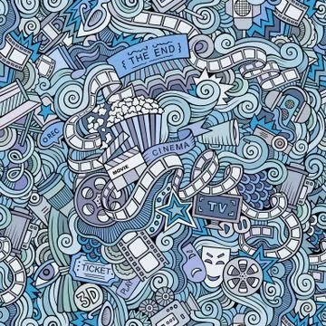 Cartoon doodles cinema seamless pattern Stock Illustration