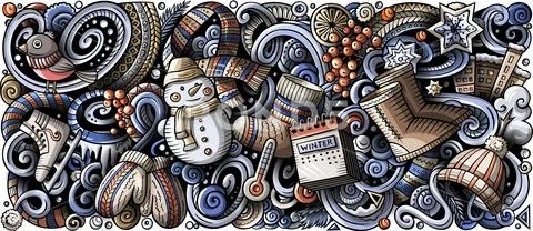 Cartoon doodles cute Winter horizontal stripe illustration. Stock Illustration