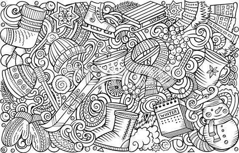 Cartoon doodles cute Winter horizontal stripe illustration. Stock Illustration