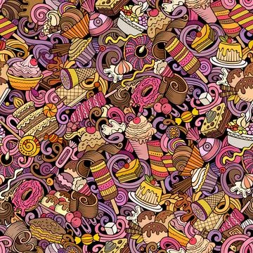Cartoon doodles Desserts seamless pattern. Illustrazione stock