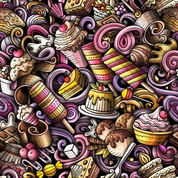 Cartoon doodles Desserts seamless pattern. Stock Illustration