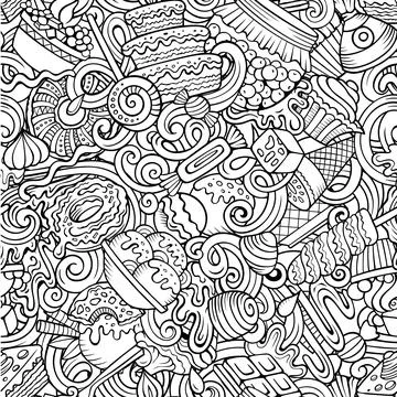 Cartoon doodles Desserts seamless pattern. Stock Illustration