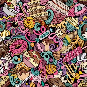 Cartoon doodles Desserts seamless pattern. Stock Illustration