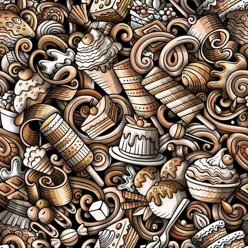 Cartoon doodles Desserts seamless pattern. Stock Illustration