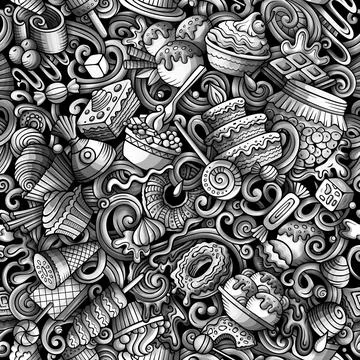 Cartoon doodles Desserts seamless pattern. Illustrazione stock