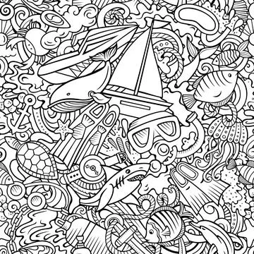 Cartoon doodles Diving seamless pattern. Stock Illustration