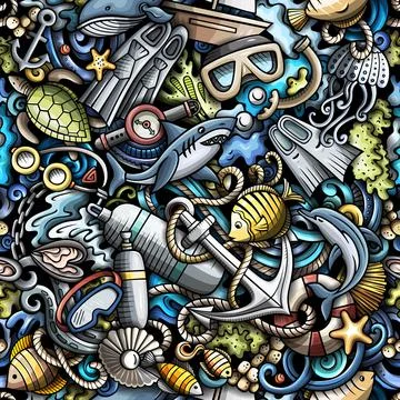 Cartoon doodles Diving seamless pattern. Stock Illustration