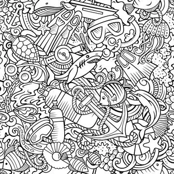 Cartoon doodles Diving seamless pattern. Stock Illustration