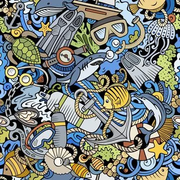 Cartoon doodles Diving seamless pattern. Stock Illustration