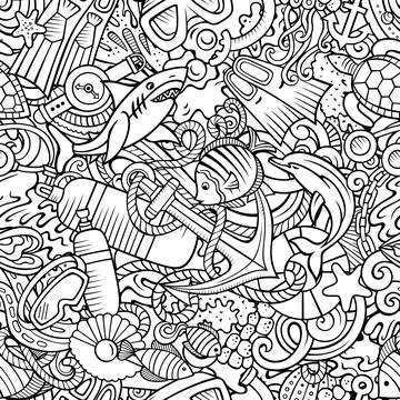 Cartoon doodles Diving seamless pattern. Stock Illustration