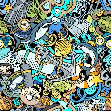 Cartoon doodles Diving seamless pattern. Illustrazione stock