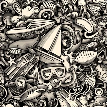 Cartoon doodles Diving seamless pattern. 스톡 일러스트