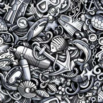 Cartoon doodles Diving seamless pattern. Stock Illustration