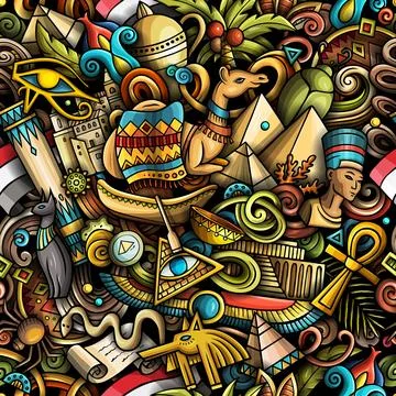 Cartoon doodles Egypt seamless pattern Illustrazione stock