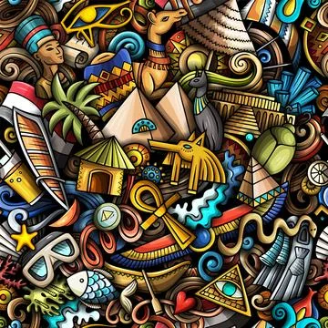 Cartoon doodles Egypt seamless pattern Illustrazione stock