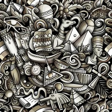 Cartoon doodles Egypt seamless pattern Illustrazione stock