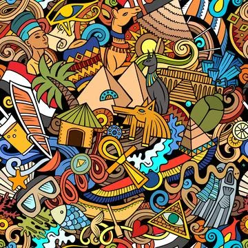 Cartoon doodles Egypt seamless pattern Stock Illustration