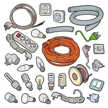 Cartoon doodles electrical instruments objects set Stock Illustration