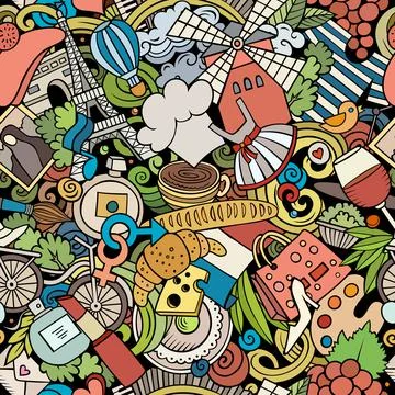 Cartoon doodles France seamless pattern. Stock Illustration
