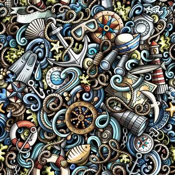 Cartoon doodles Nautical seamless pattern. Illustrazione stock