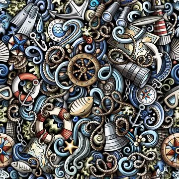 Cartoon doodles Nautical seamless pattern. Illustrazione stock
