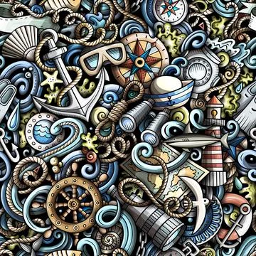 Cartoon doodles Nautical seamless pattern. Stock Illustration