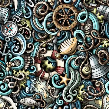 Cartoon doodles Nautical seamless pattern. Stockillustratie