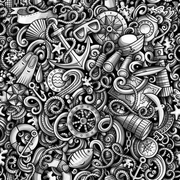Cartoon doodles Nautical seamless pattern. Stock Illustration