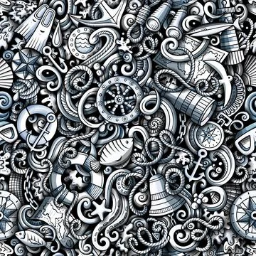 Cartoon doodles Nautical seamless pattern. Stock Illustration