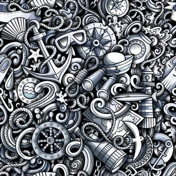 Cartoon doodles Nautical seamless pattern. Stock Illustration