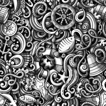 Cartoon doodles Nautical seamless pattern. Stock Illustration