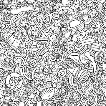 Cartoon doodles Nautical seamless pattern. Stock Illustration