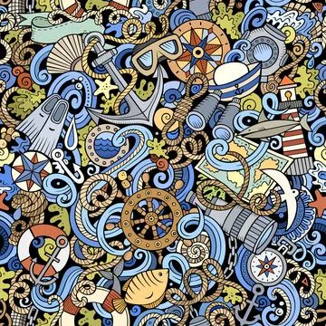 Cartoon doodles Nautical seamless pattern. Stock Illustration