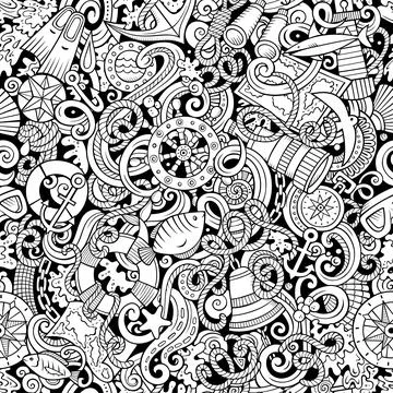 Cartoon doodles Nautical seamless pattern. Stock Illustration