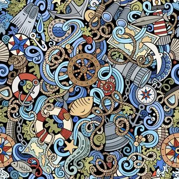 Cartoon doodles Nautical seamless pattern. Stock Illustration