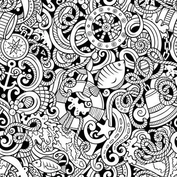Cartoon doodles Nautical seamless pattern. Stock Illustration