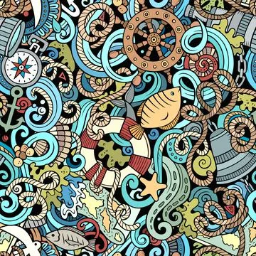 Cartoon doodles Nautical seamless pattern. Stock Illustration