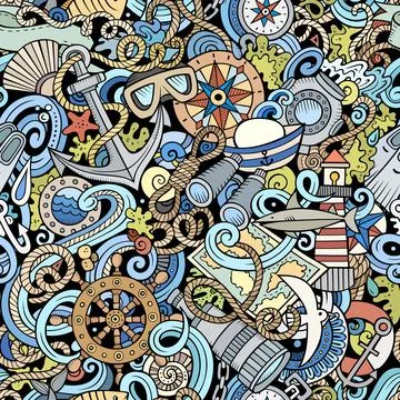 Cartoon doodles Nautical seamless pattern. Illustrazione stock