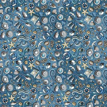 Cartoon doodles Nautical seamless pattern. Illustrazione stock
