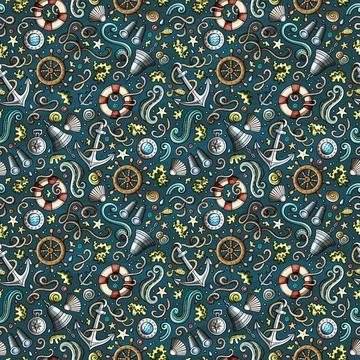 Cartoon doodles Nautical seamless pattern. Illustrazione stock